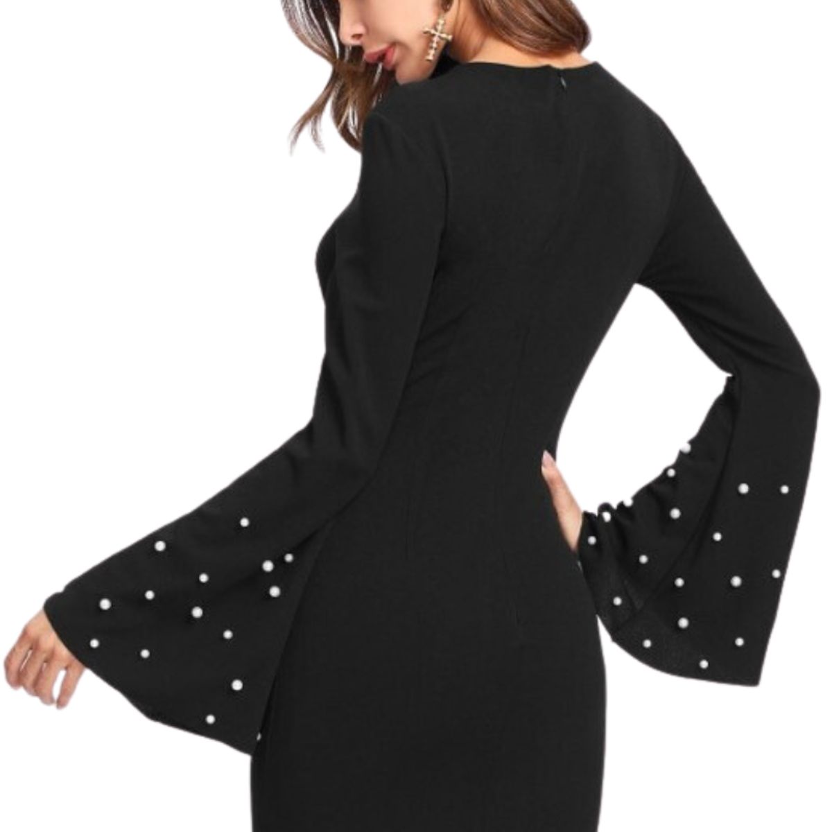 NEGRELI - Vestido Negro Corto con Mangas Acampanadas y Detalles de Perlas