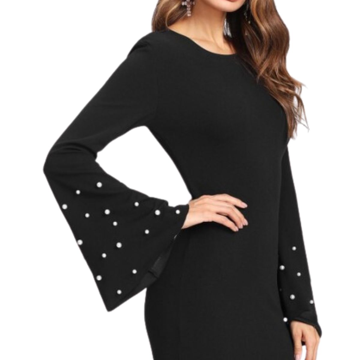 NEGRELI - Vestido Negro Corto con Mangas Acampanadas y Detalles de Perlas