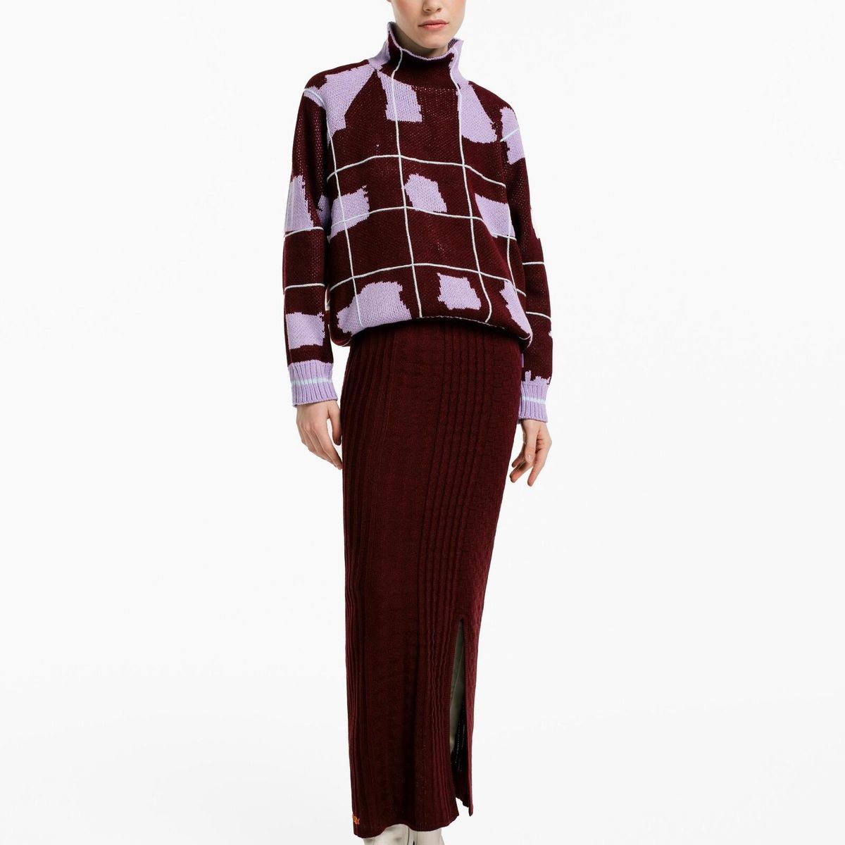 MAGLIONE - Sweater Tartán Lila Mujer Cuello Tortuga Oversized