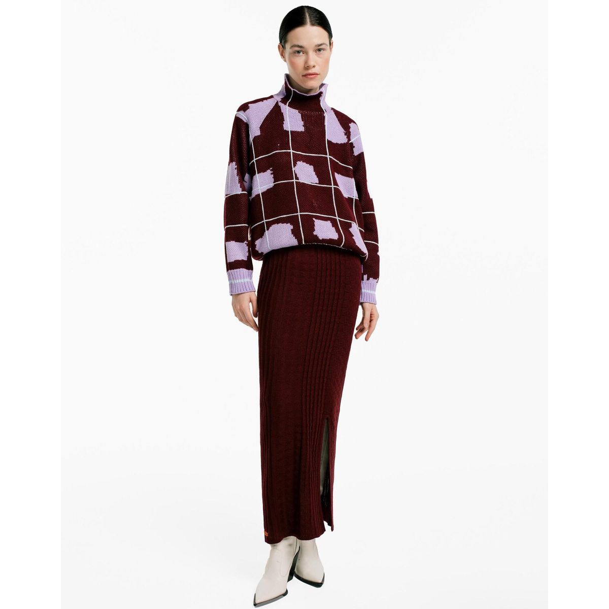 MAGLIONE - Sweater Tartán Lila Mujer Cuello Tortuga Oversized