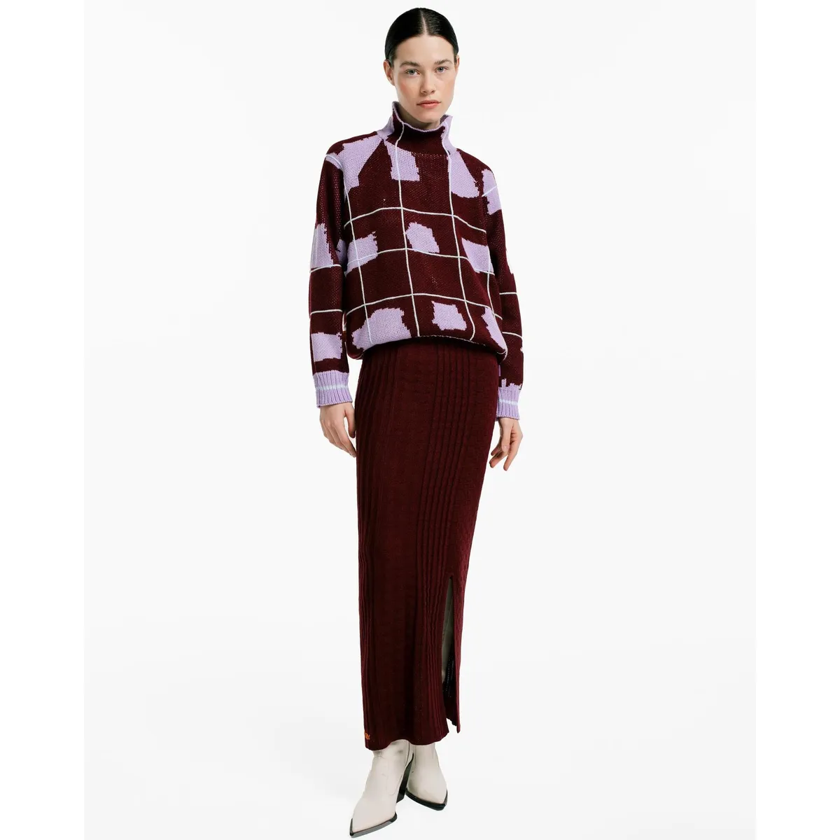 MAGLIONE - Sweater Tartán Lila Mujer Cuello Tortuga Oversized