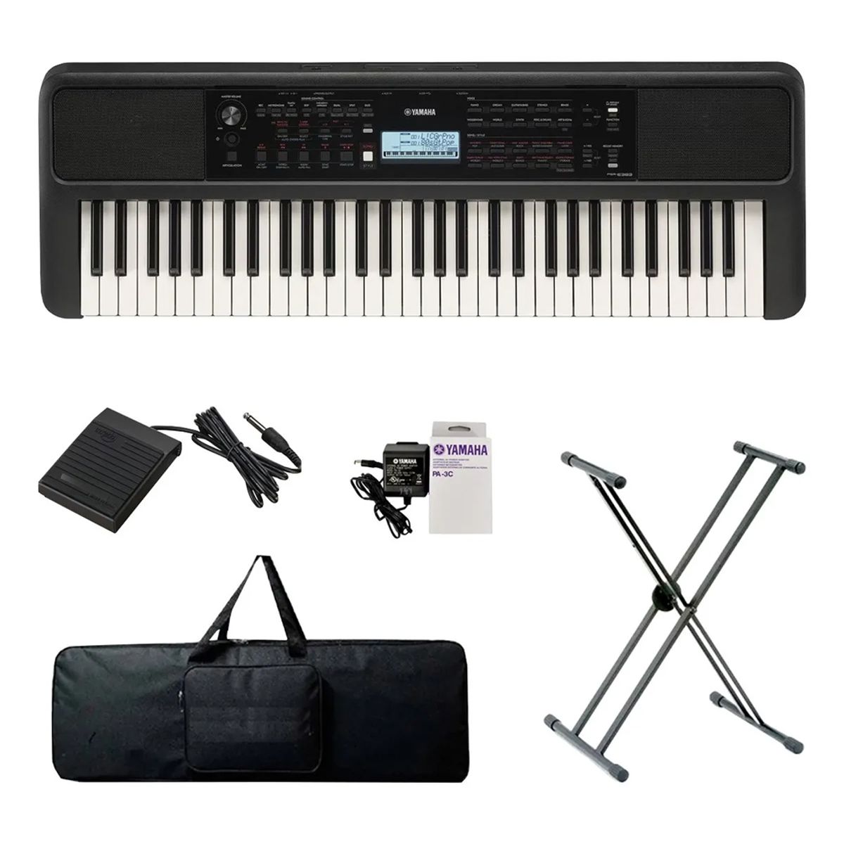 YAMAHA - Teclado Organeta Yamaha Psr-e383 Adaptador+base+pedal+forro