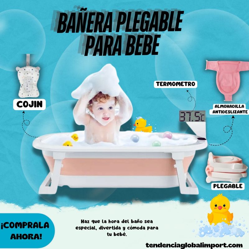 MUNDO BEBE - BAÑERA PARA BEBES PLEGABLE CON TERMOMETRO Y DESAGUE ROSA