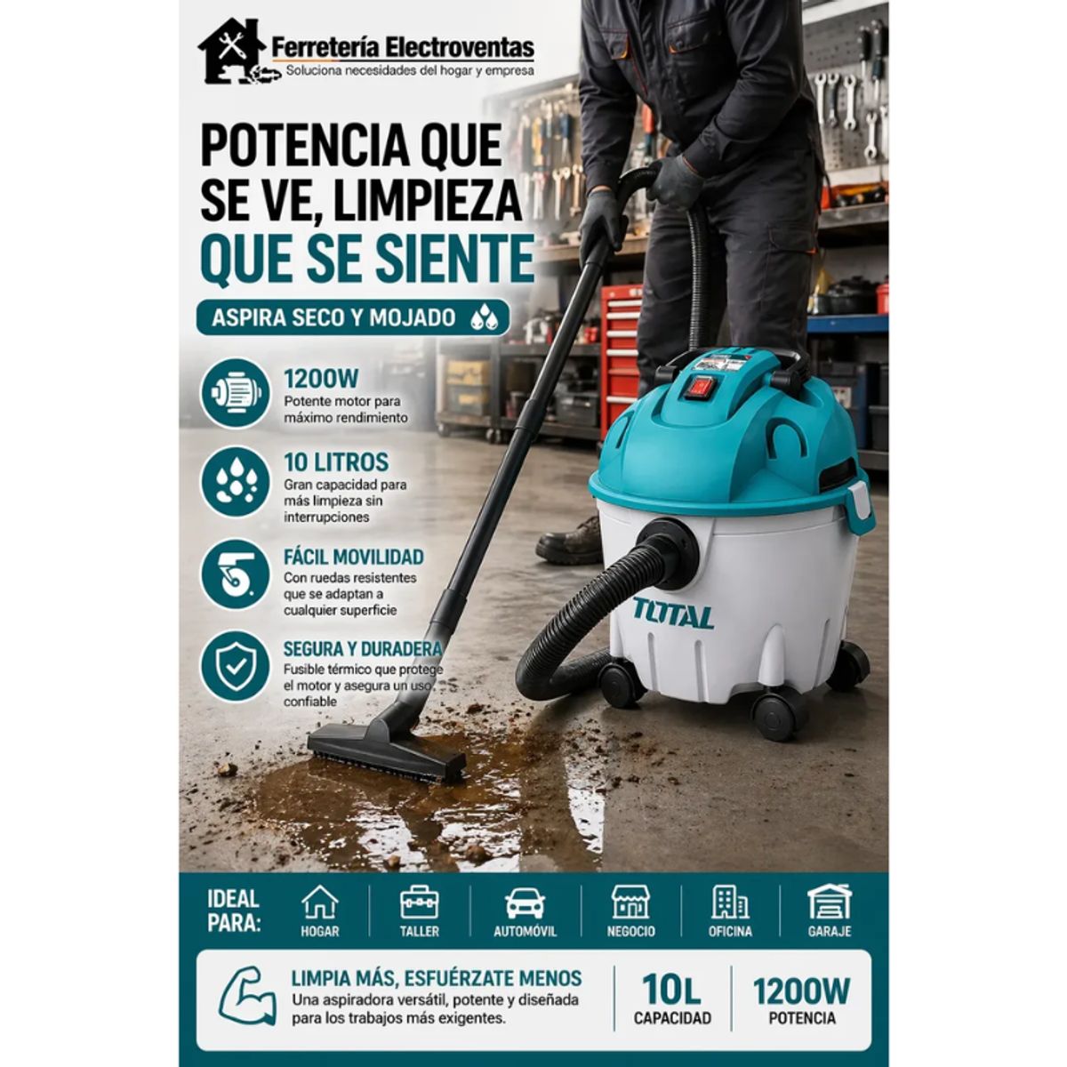 TOTAL - Aspiradora Y Sopladora Para Humedoseco 10l 1200w Total