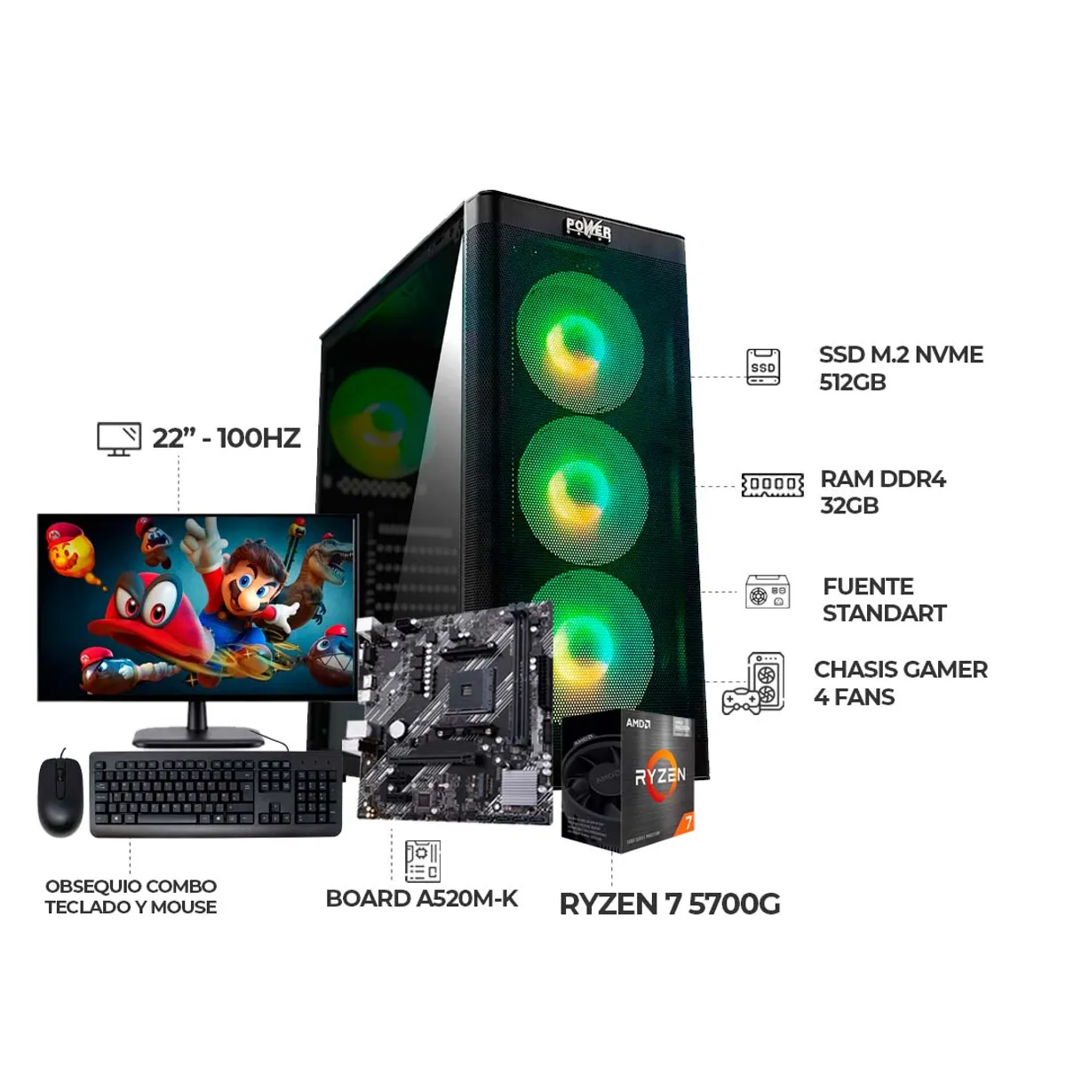 AMD - COMPUTADOR GAMER RYZEN 7 5700G+ MONITOR 22" FHD+ RAM 32GB+ SSD 512GB+ CHASIS RGB