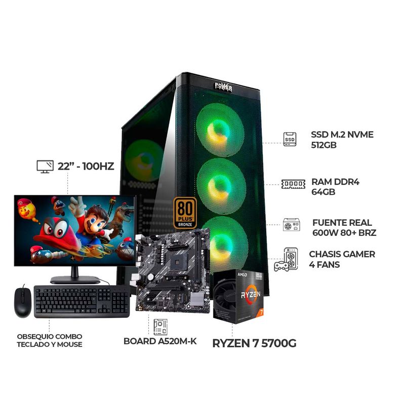 AMD - COMPUTADOR GAMER RYZEN 7 5700G+ MONITOR 22" FHD+ RAM 64GB+ SSD 512GB+ 600W BRZ