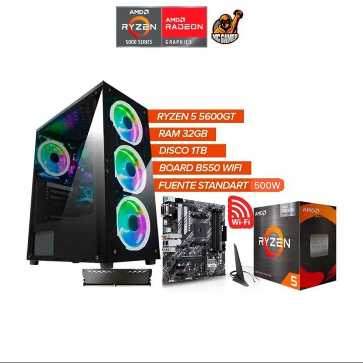 AMD - PC Gamer Ryzen 5 5600G / B550 WiFi / 32GB RAM / 1TB SSD / Fuente 500W