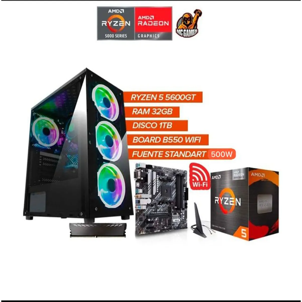 AMD - PC Gamer Ryzen 5 5600G / B550 WiFi / 32GB RAM / 1TB SSD / Fuente 500W