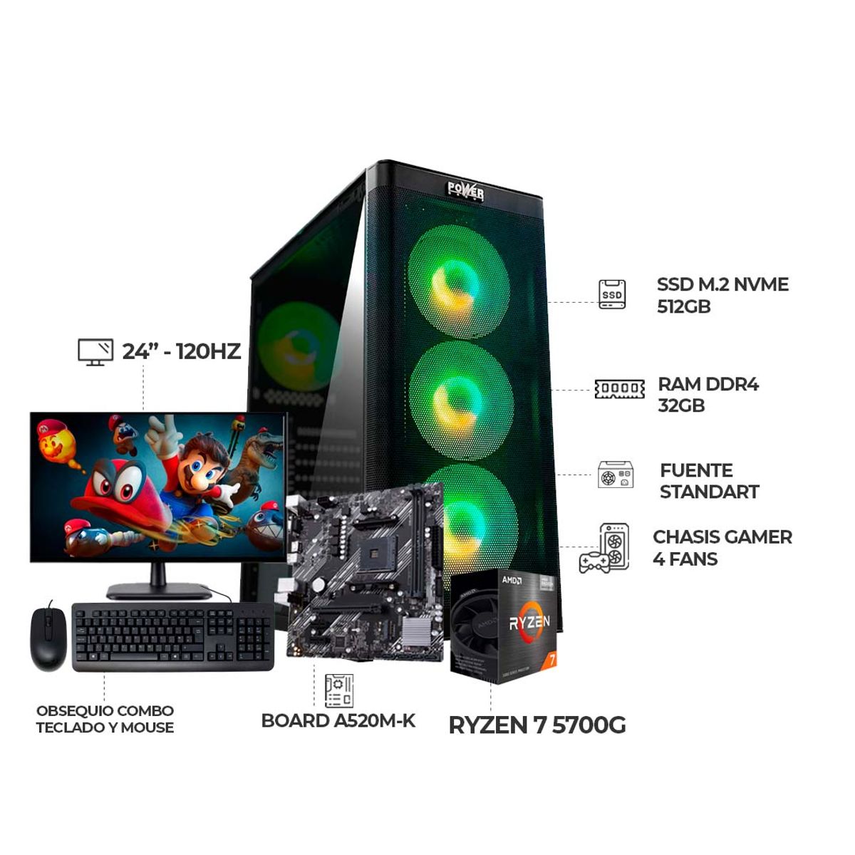 AMD - COMPUTADOR GAMER RYZEN 7 5700G+ MONITOR 24" 120HZ+ RAM 32GB+ SSD 512GB+ COMBO
