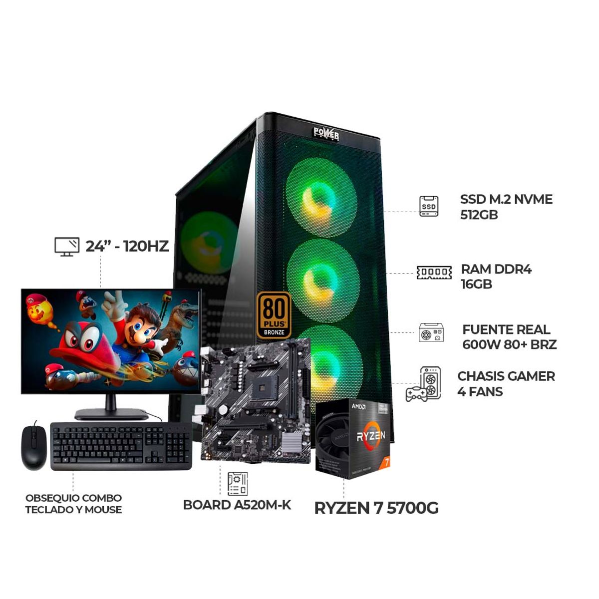 AMD - COMPUTADOR GAMER RYZEN 7 5700G+ MONITOR 24" 120HZ+ RAM 16GB+ SSD 512GB+ 600W+BRZ