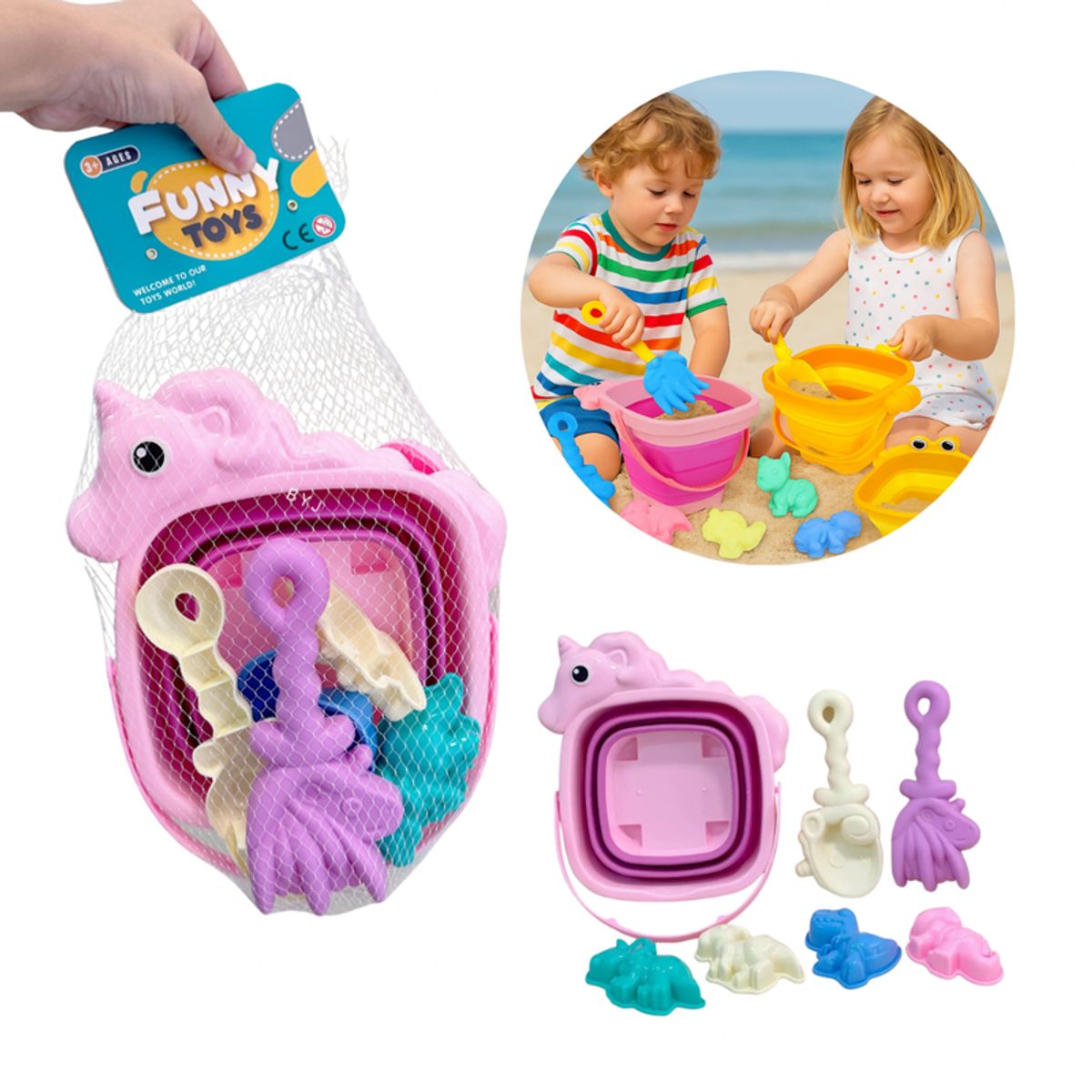 MULTIPLACE COLOMBIA - Set de Juguetes de Playa para Niños con Balde Plegable y Moldes-