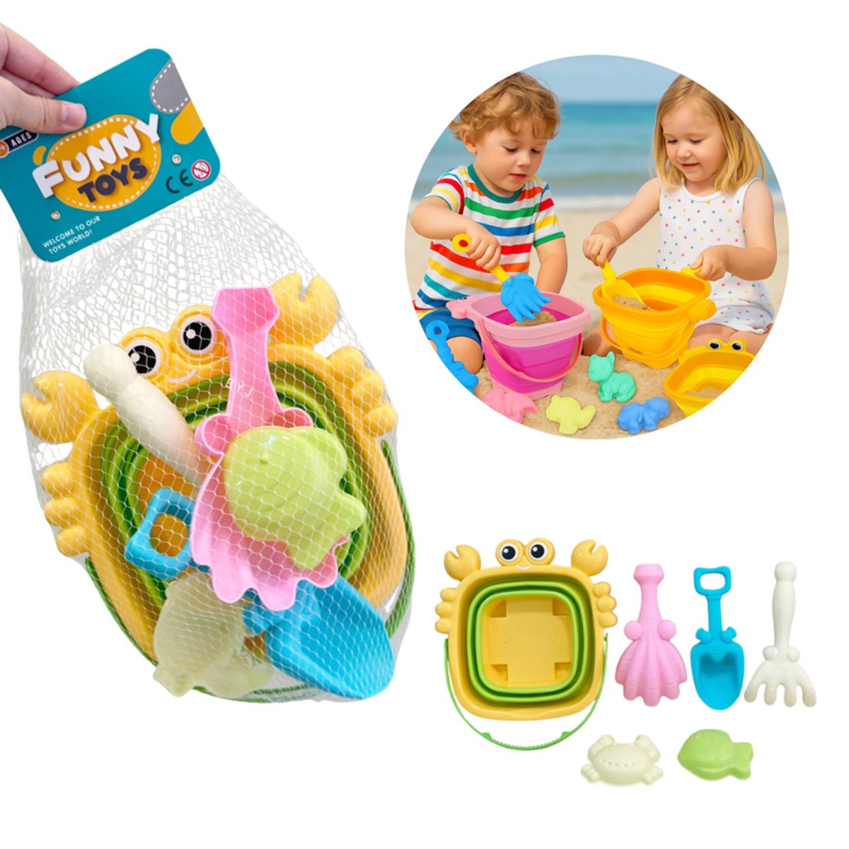 MULTIPLACE COLOMBIA - Set de Juguetes de Playa para Niños con Balde Plegable y Moldes