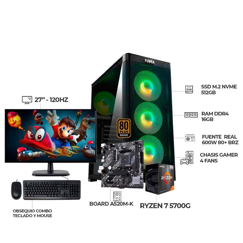 AMD - COMPUTADOR GAMER RYZEN 7 5700G+ MONITOR 27" 120HZ+ RAM 16GB+ SSD 512GB+ 600W+BRZ