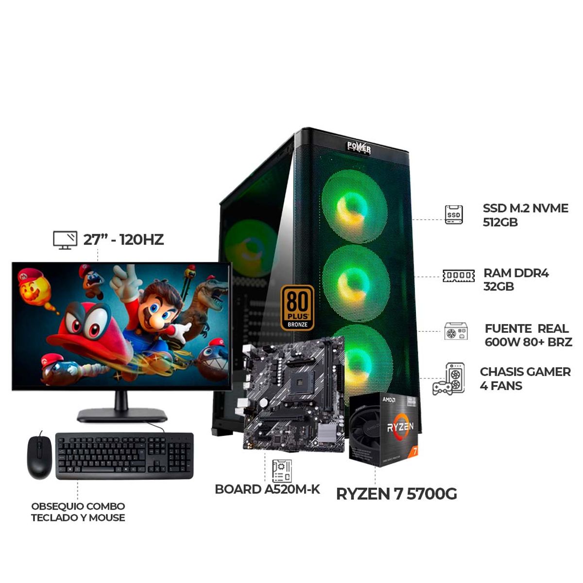 AMD - COMPUTADOR GAMER RYZEN 7 5700G+ MONITOR 27" 120HZ+ RAM 32GB+ SSD 512GB+ 600W+BRZ
