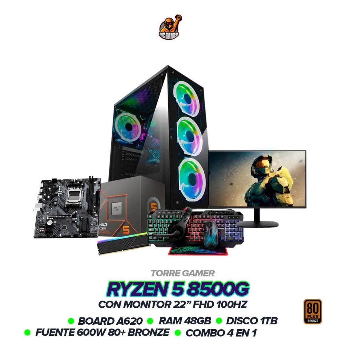AMD - PC Gamer Ryzen 5 8500G / RAM 48GB / SSD 1TB / 600W BRZ / Board A620 /Monitor 22"