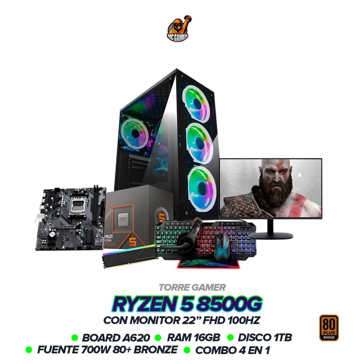 AMD - PC Gamer Ryzen 5 8500G/ RAM 16GB / SSD 1TB / Board A620 / 700W BRZ + Monitor 22"