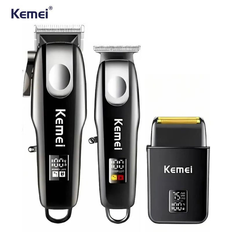 KEMEI - Combo Profesional De Maquina + Patillera + Afeitadora Kemei Km-8531