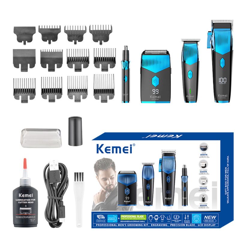 KEMEI - Combo Profesional De Maquina + Patillera + Afeitadora + Nasal Clipper Kemei Km-8534