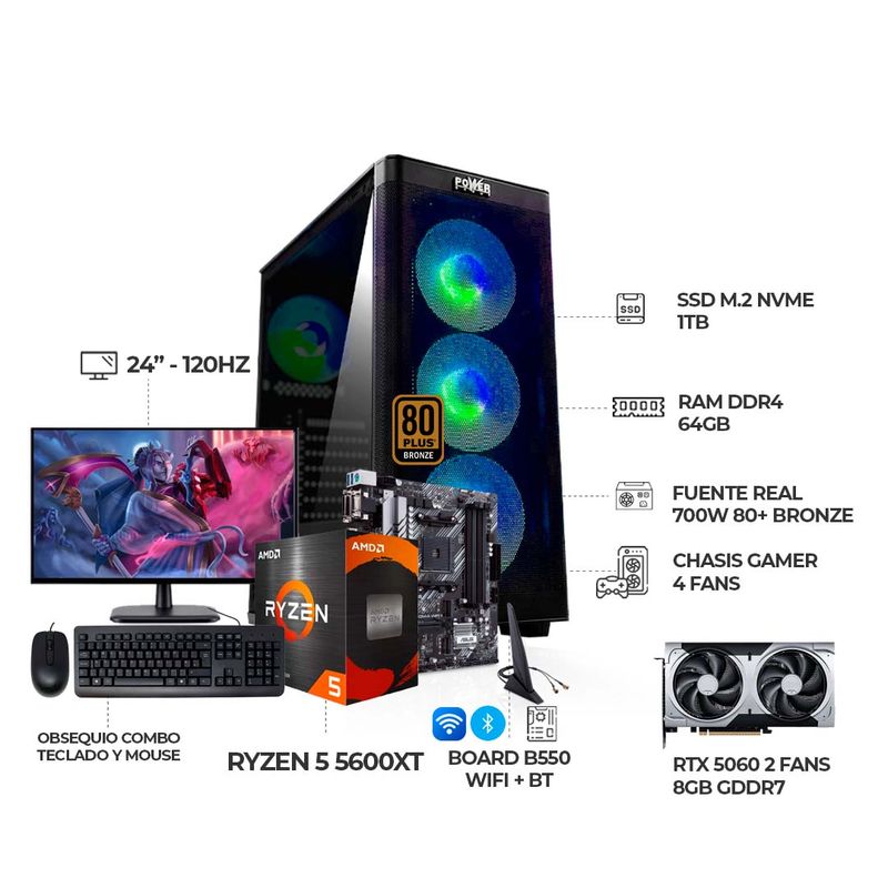 AMD - COMPUTADOR GAMER R5 5600XT+ B550 WIFI+ RTX50060+ MONITOR 24+ RAM 64GB+ SSD 1TB