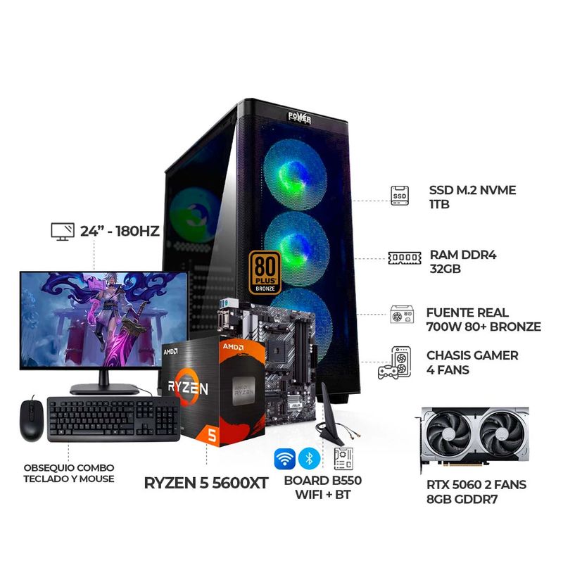 AMD - COMPUTADOR GAMER R5 5600XT RTX50060 MONITOR 24 180HZ RAM 32GB SSD 1TB B550 WIFI