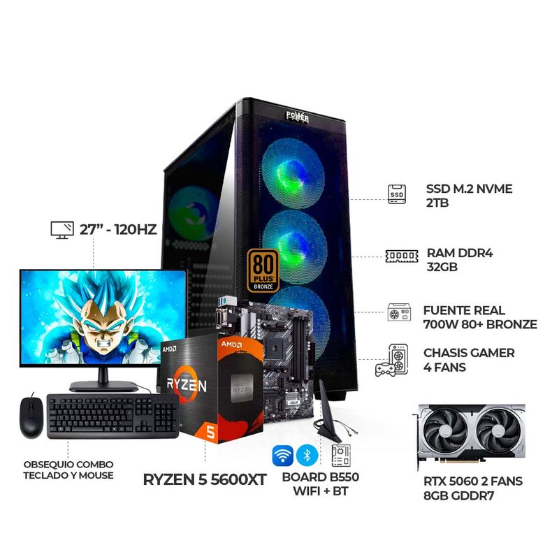 AMD - COMPUTADOR GAMER R5 5600XT RTX50060 MONITOR 27 120HZ RAM 32GB SSD 2TB B550 WIFI