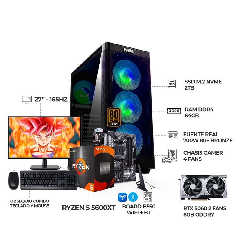 AMD - COMPUTADOR GAMER R5 5600XT RTX 5060 MONITOR 27 165HZ RAM 64GB SSD 2TB B550 WIFI