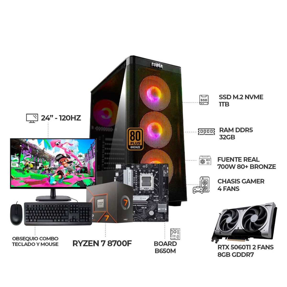 AMD - COMPUTADOR GAMER R7 8700F RTX 5060TI MONITOR 24 120HZ FHD RAM 32GB SSD 1TB B650