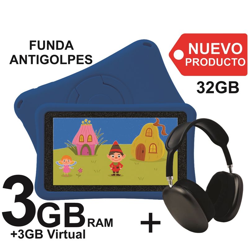 KRONO - Tablet Niños 3GB RAM Android 13 32GB Wifi AZUL+ DIADEMA PLAY