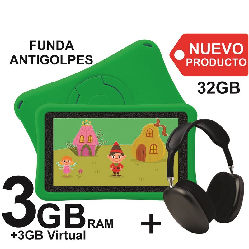 KRONO - Tablet Niños 3GB RAM Android 13 32GB Wifi VERDE+ DIADEMA PLAY