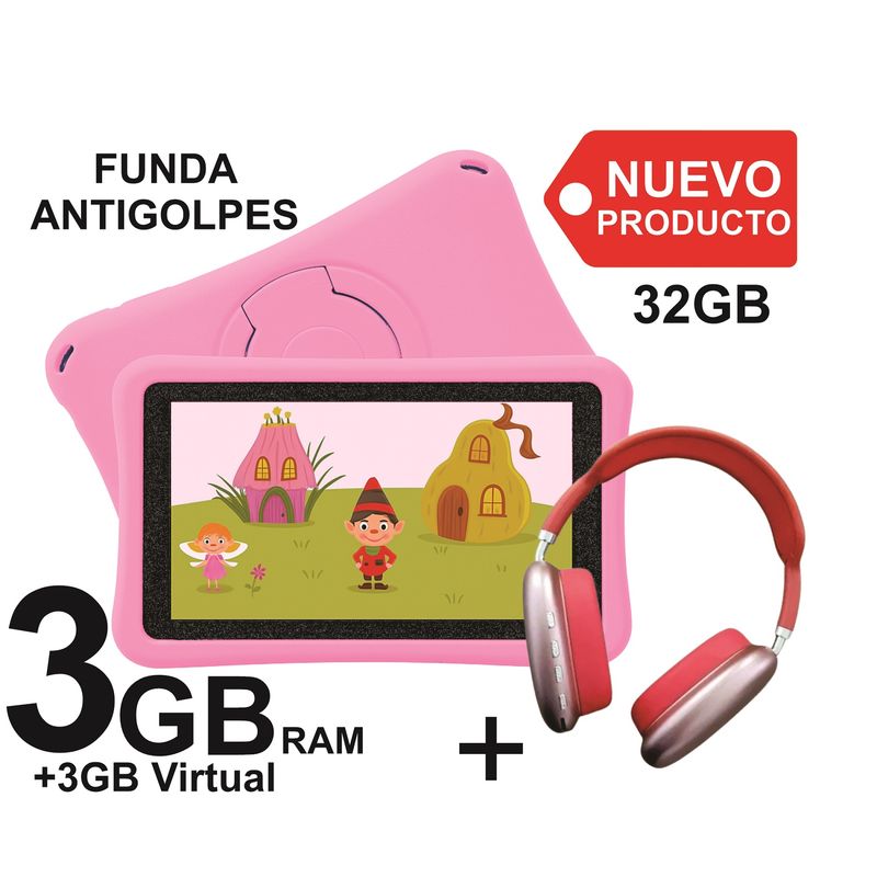 KRONO - Tablet Niños 3GB RAM Android 13 32GB Wifi ROSADO+ DIADEMA PLAY