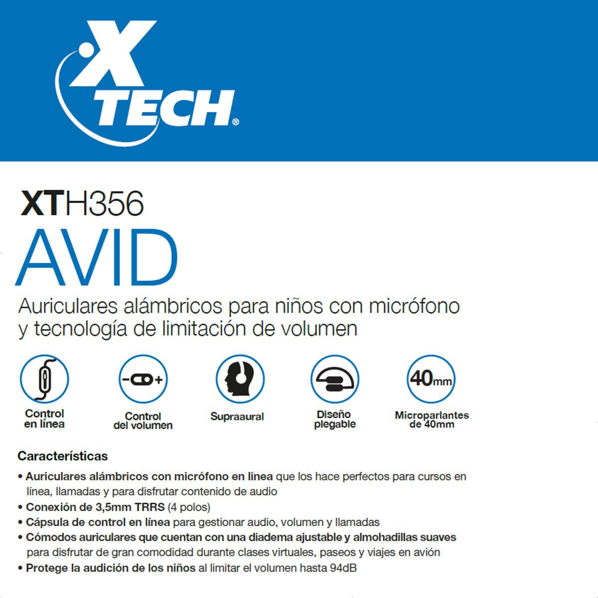 XTECH - Diadema Cable Niños Xtech Avid  Micrófono Y Límite Volumen