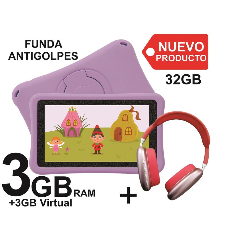 KRONO - Tablet Niños 3GB RAM Android 13 32GB Wifi MORADO+ DIADEMA PLAY