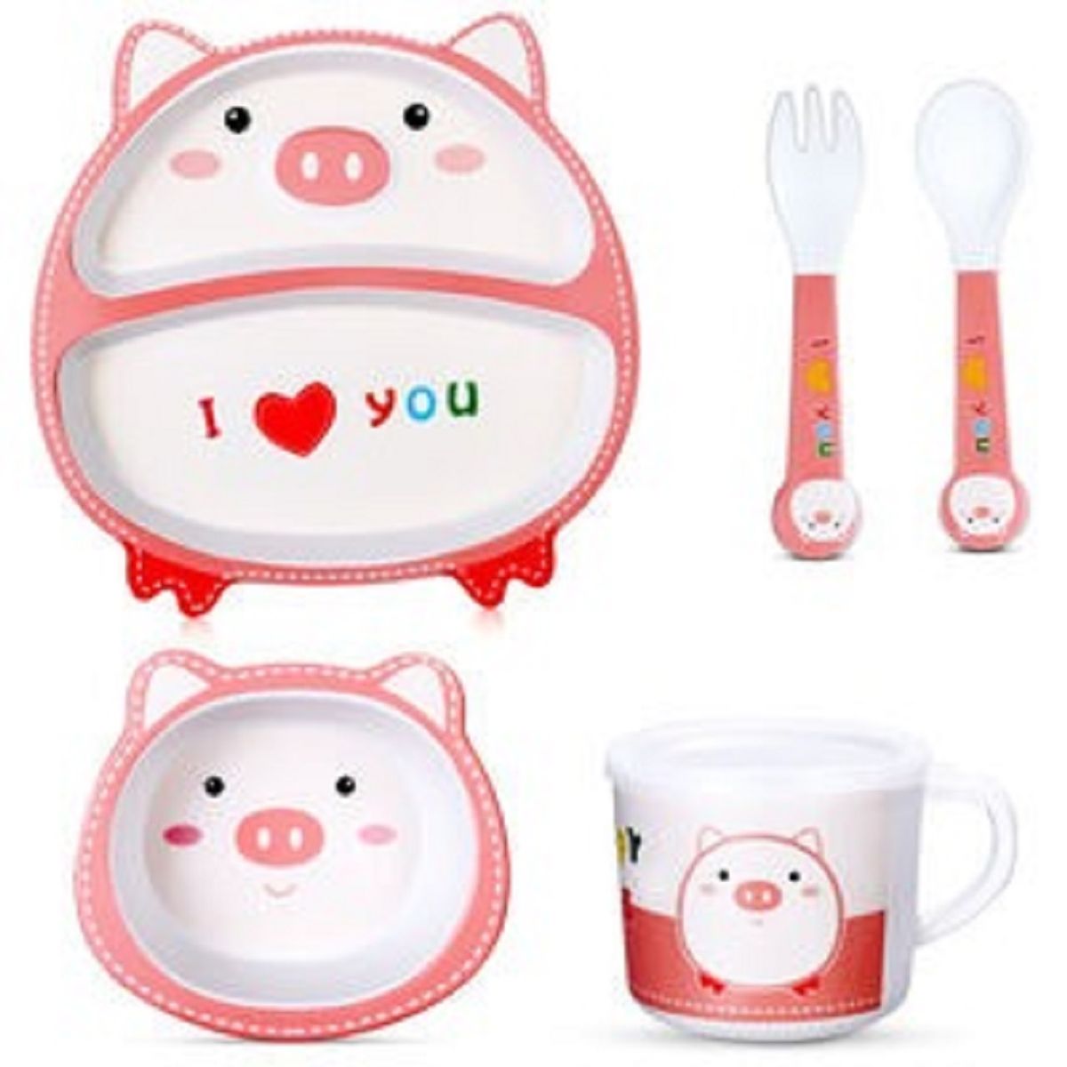 GENERICO - Set Vajilla Bebe Bambú Menaje 5 Pieza Biodegradable CERDITO