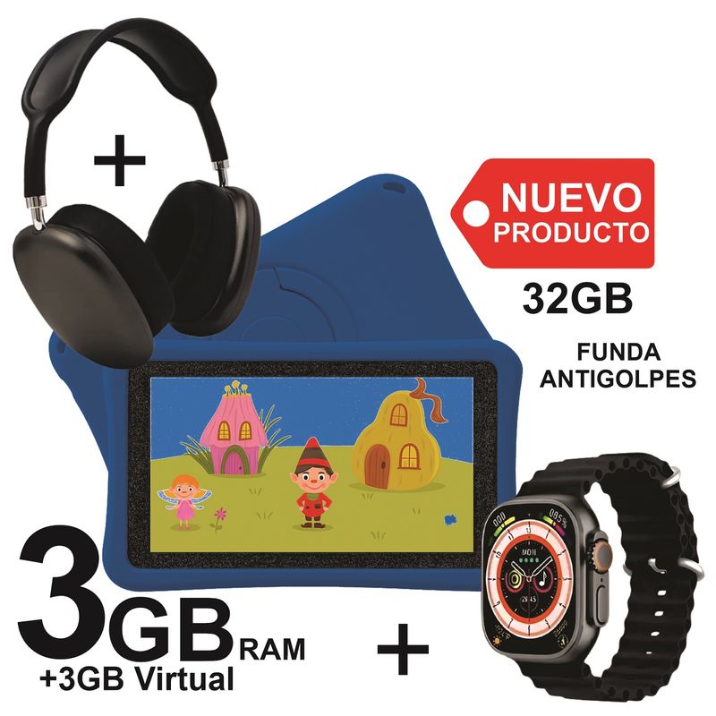 KRONO - Tablet Niños 3GB RAM Android 13 32GB Wifi AZUL+ DIADEMA +RELOJ