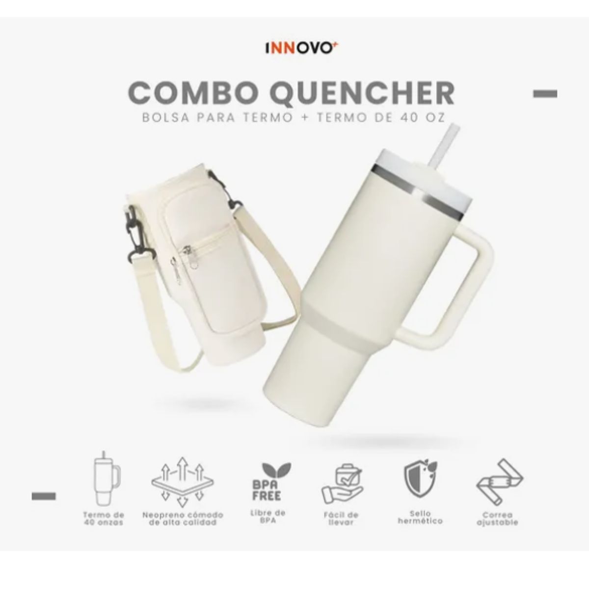 INNOVA - Termo Acero Inoxidable 40oz Con Funda Porta Termo Ajustable Beige