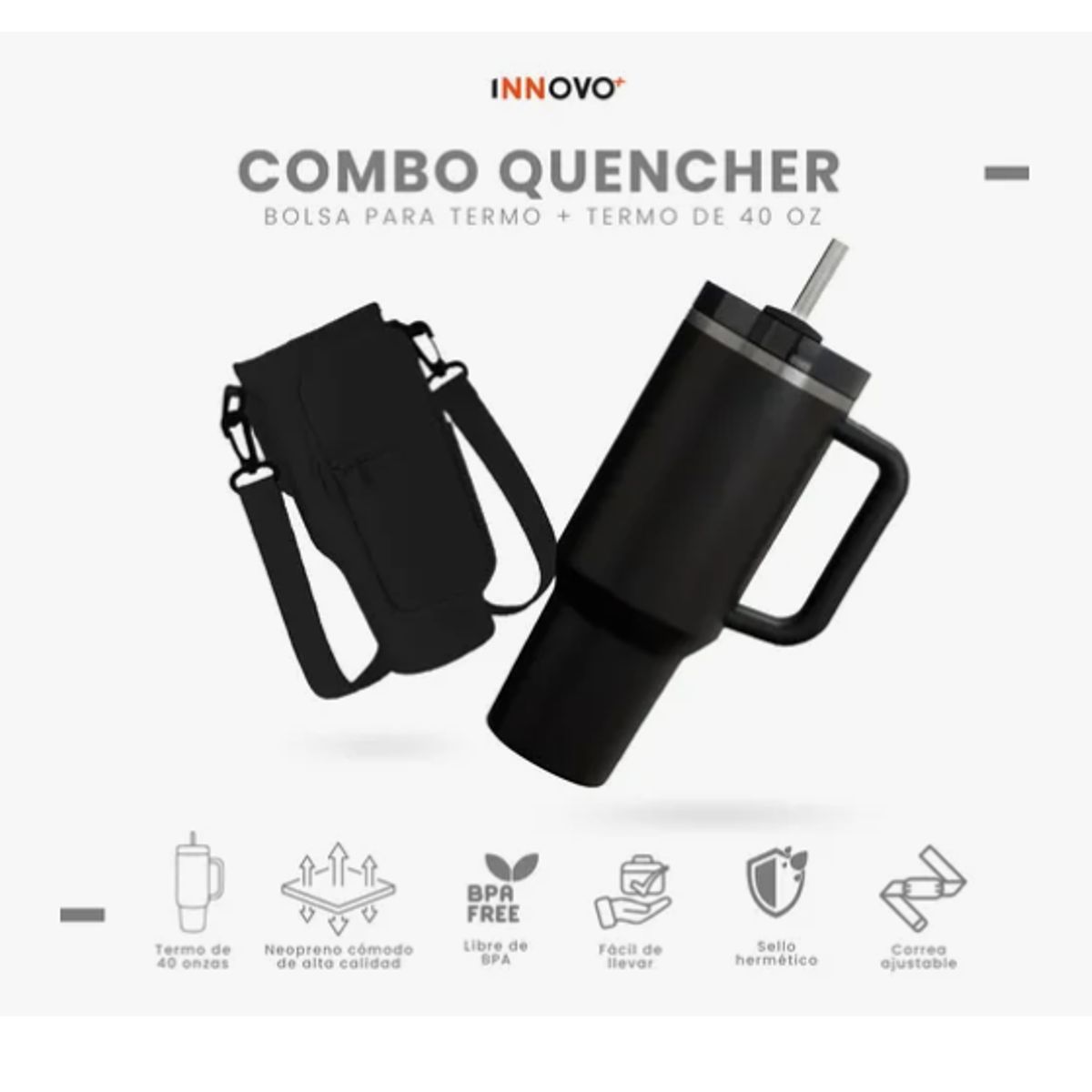 INNOVA - Termo Acero Inoxidable 40oz Con Funda Porta Termo Ajustable Black