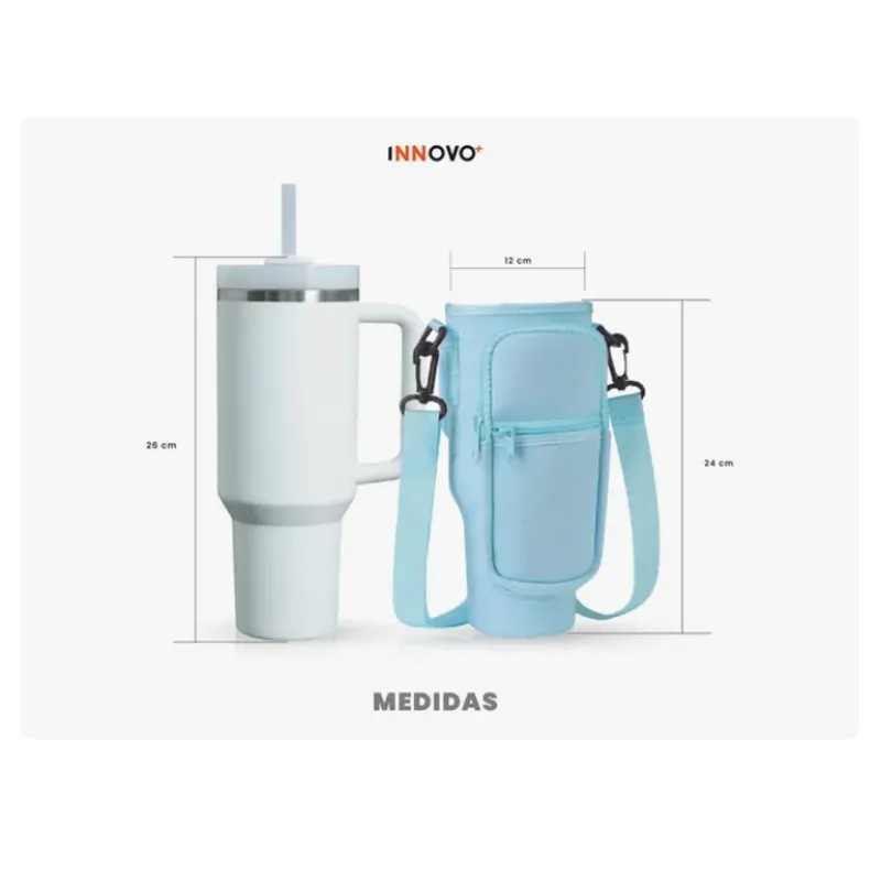 INNOVA - Termo Acero Inoxidable 40oz Con Funda Porta Termo Ajustable BlancoAzul