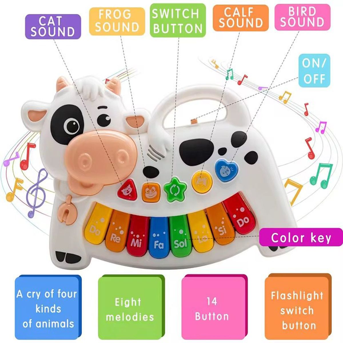 GENERICO - Mini Piano Para Niños Juguete Diseño Vaca Blanca