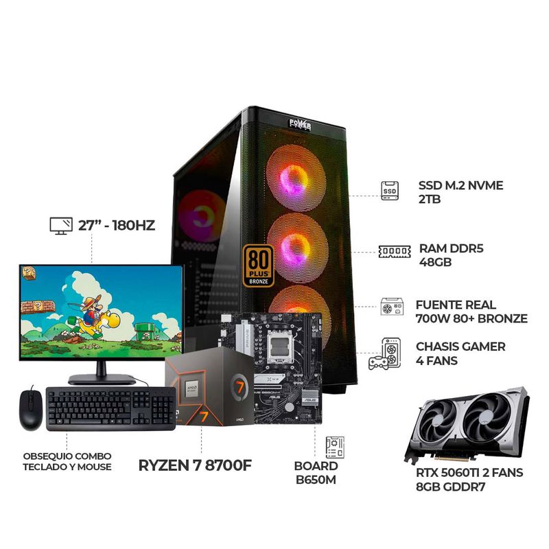 AMD - COMPUTADOR GAMER R7 8700F RTX 5060TI MONITOR 27 180HZ FHD RAM 48GB SSD 2TB B650