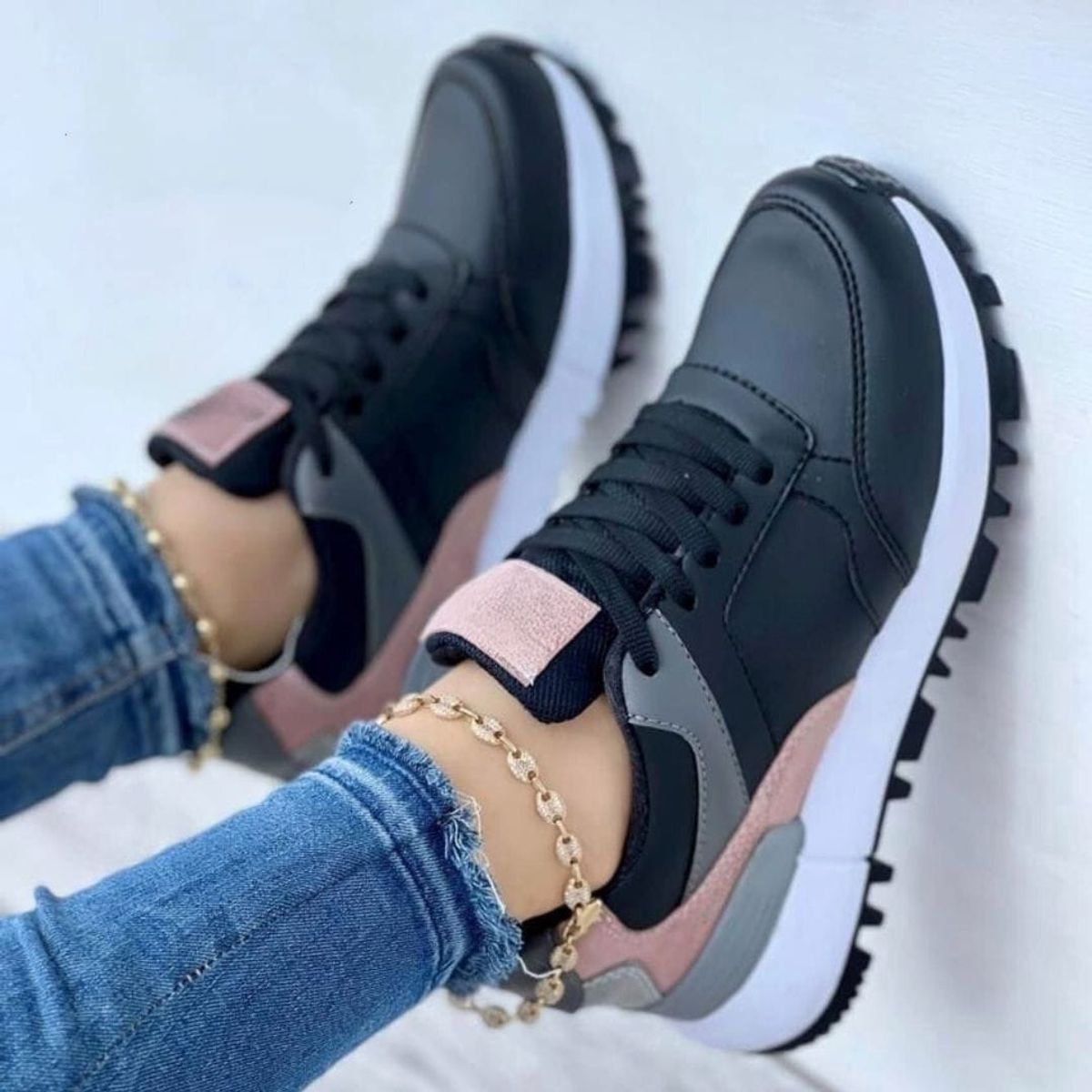 NACIONAL - Tenis Negro Rosa Dama Zapatillas Zapatos Mujer Lindos Moda Casual