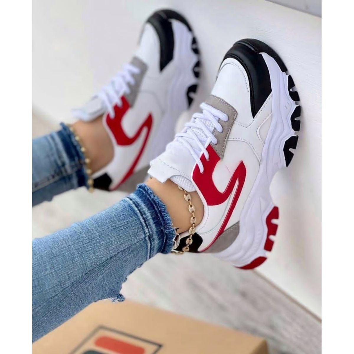 NACIONAL - Tenis Blanco Rojo Dama Zapatillas Zapatos Mujer Lindos Moda Casual