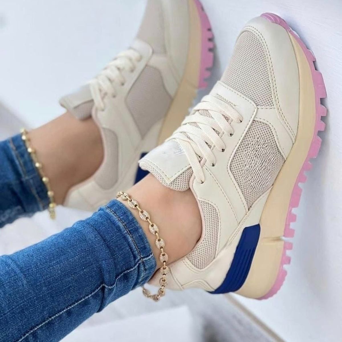 NACIONAL - Tenis Beige Azul Dama Zapatillas Zapatos Mujer Lindos Moda Casual