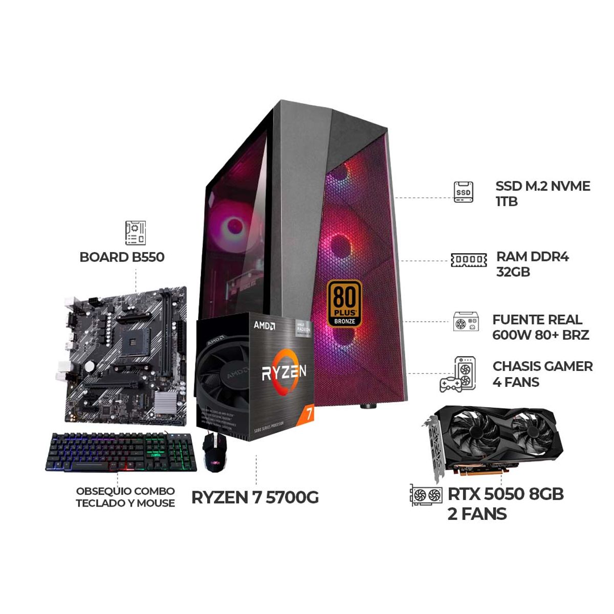AMD - COMPUTADOR GAMER RYZEN 7 5700G + RTX 5050 8GB + B550 WIFI + RAM 32GB + SSD 1TB
