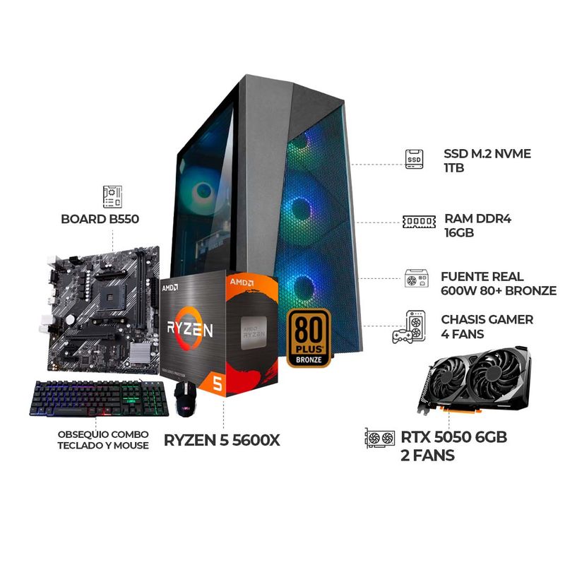 AMD - COMPUTADOR GAMER RYZEN 5 5600X + RTX 5050 8GB + B550 WIFI + RAM 16GB + SSD 1TB