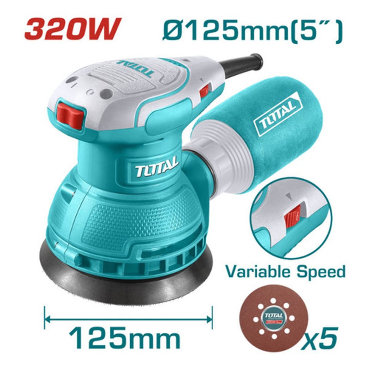 TOTAL - Lijadora Orbital 5  320w Velocidad Variable + 5 Lijas Total