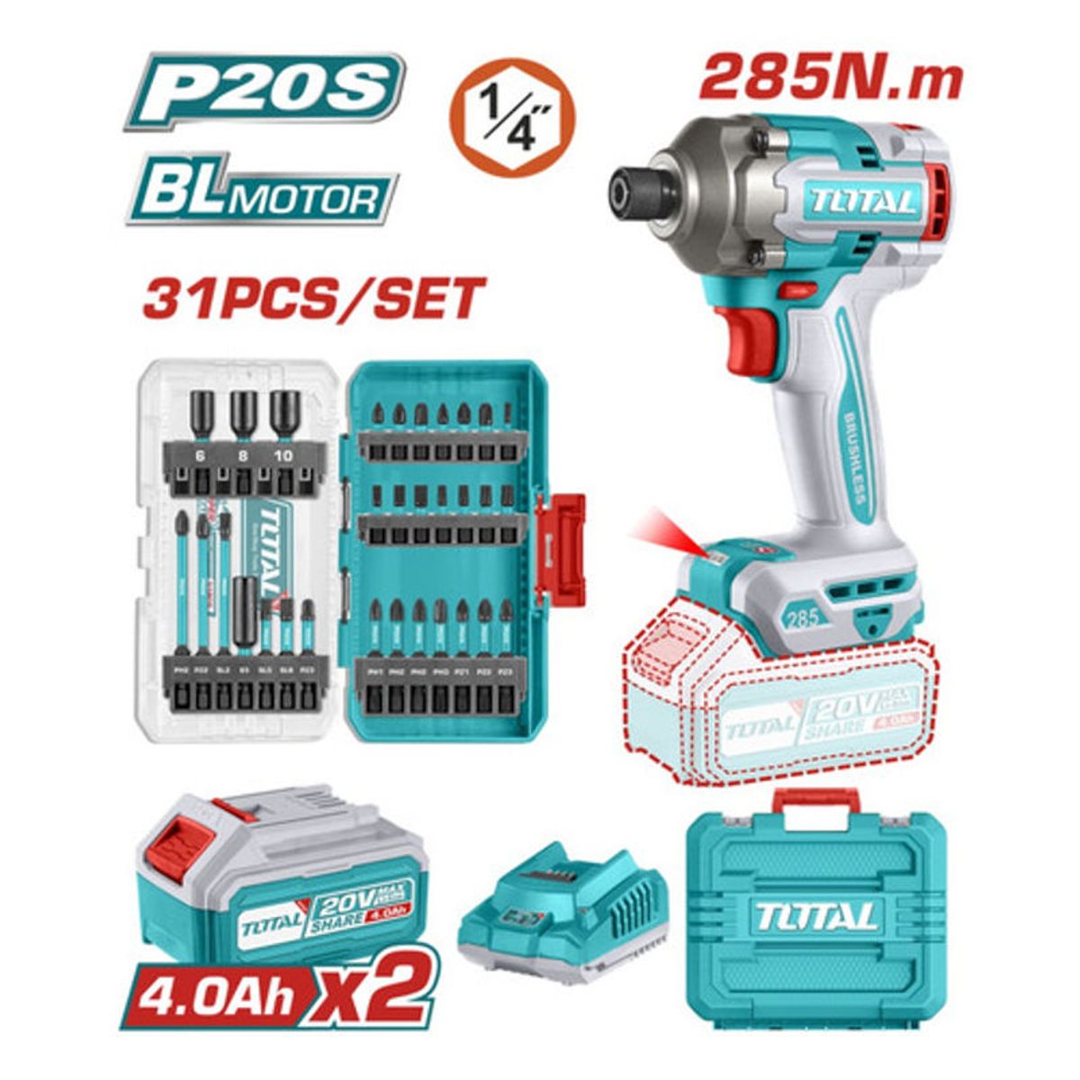 TOTAL - Atornillador De Impacto Industrial 285nm 20v Total + 31 Pzs
