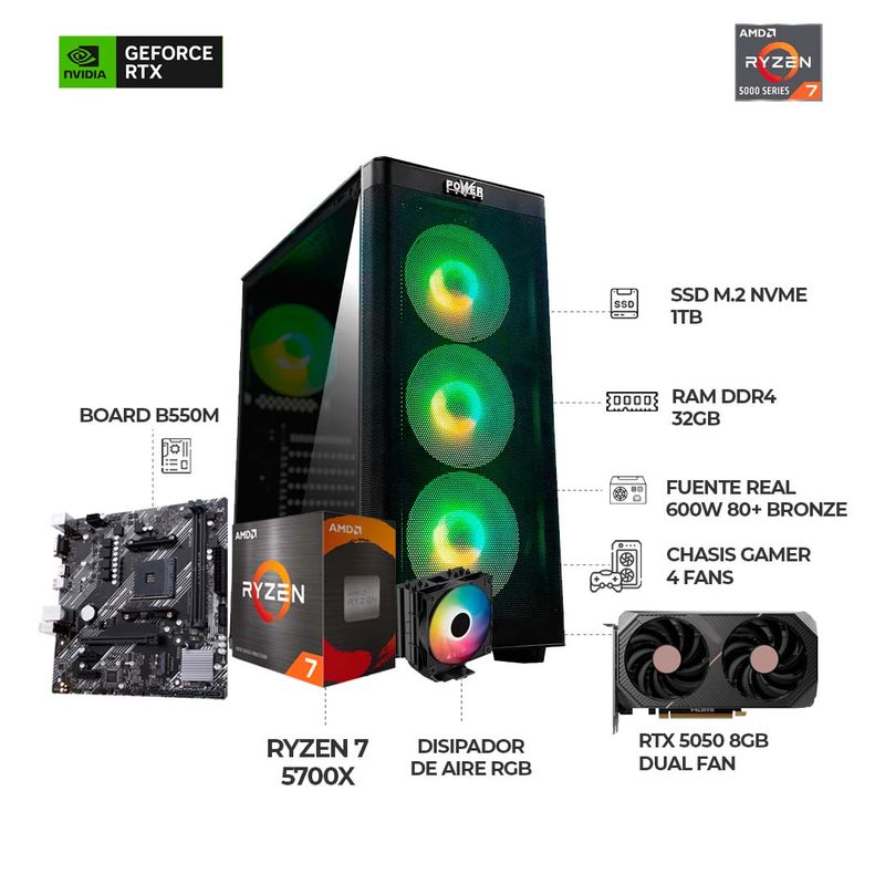 AMD - PC GAMER R5 5700X+ RTX 5050 8GB+ B550 WIFI+ RAM 32GB + SSD 1TB + DISIPADOR RGB