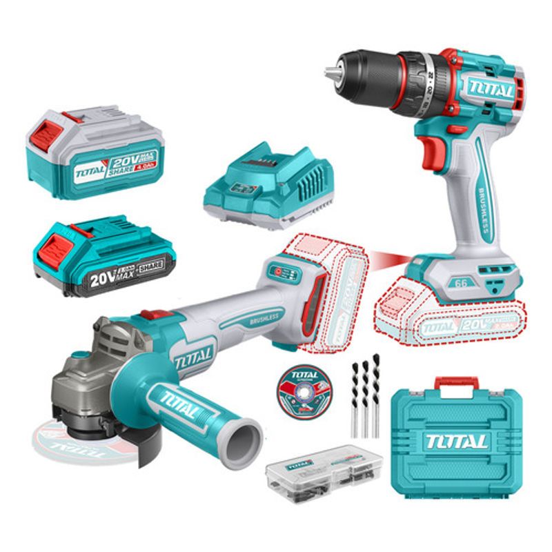 TOTAL - Combo Inalambrico Taladro 1/2" + Pulidora 4 1/2" + 2 baterias Total