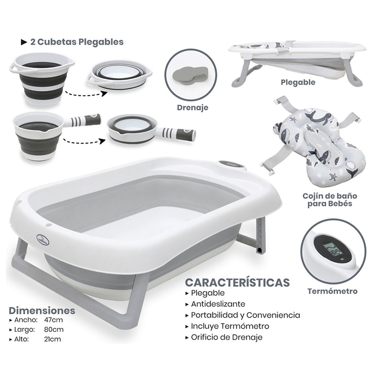BEBESITOS - BAÑERA PLEGABLE GRANDE CON TERMOMETROS Y ACCESORIOS DE BAÑO