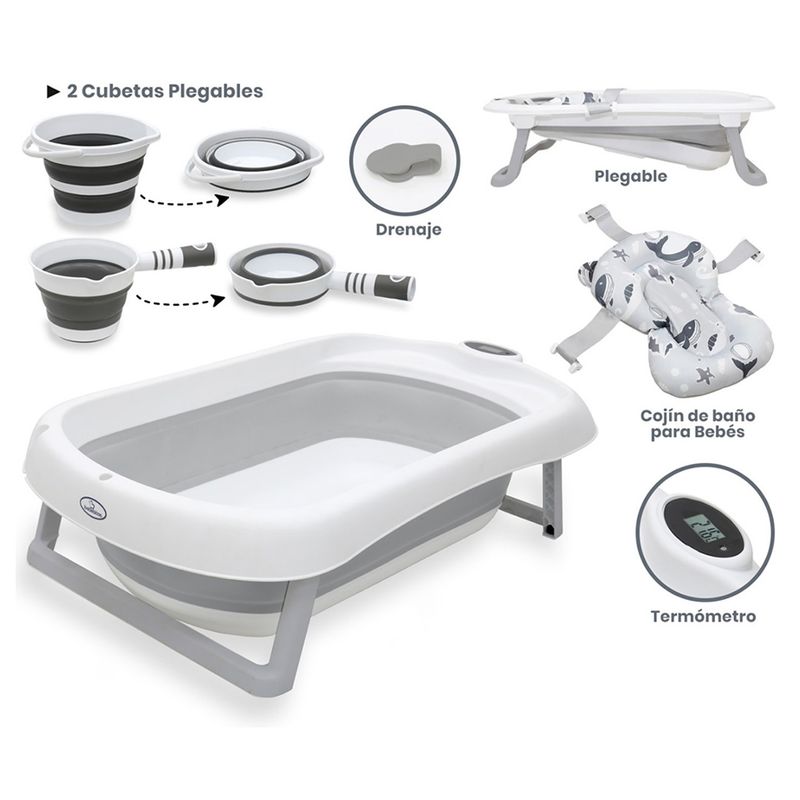 BEBESITOS - BAÑERA PLEGABLE GRANDE CON TERMOMETROS Y ACCESORIOS DE BAÑO